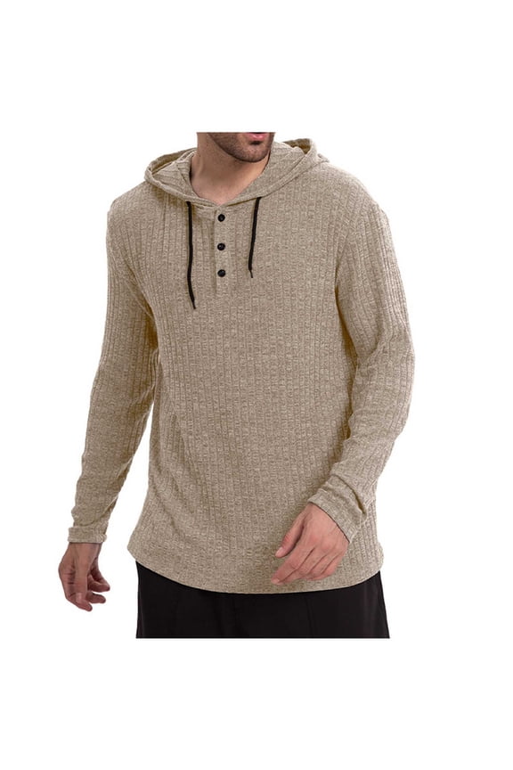 Men's Quarter Button Hooded Sweatshirts Relaxed Fit Long Sleeve Textured Sweatshirts Lightweight Solid Workout Pullover Hoodies Khaki L