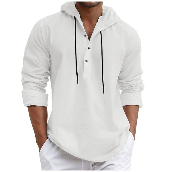 Timoontee Men's Quarter Button Hoodies Casual Long Sleeve Pullover Tops Lightweight Solid Outdoor Workout Drawstring Hooded Sweatshirts White XXXL