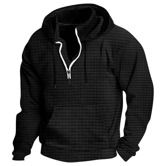 Timoontee Men's Quarter Zipper Hoodies Casual Long Sleeve Waffle Textured Pullover Tops Solid Kangaroo Pocket Workout Hooded Sweatshirts Black XXL