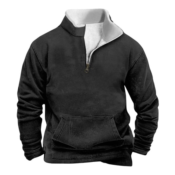 Timoontee Men's Quarter Zipper Sweatshirts Fall Winter Thermal Warm Sweater Casual Loose Stand Up Collar Fit Jacket Coats Big Pocket Color Block Tops Black XXL