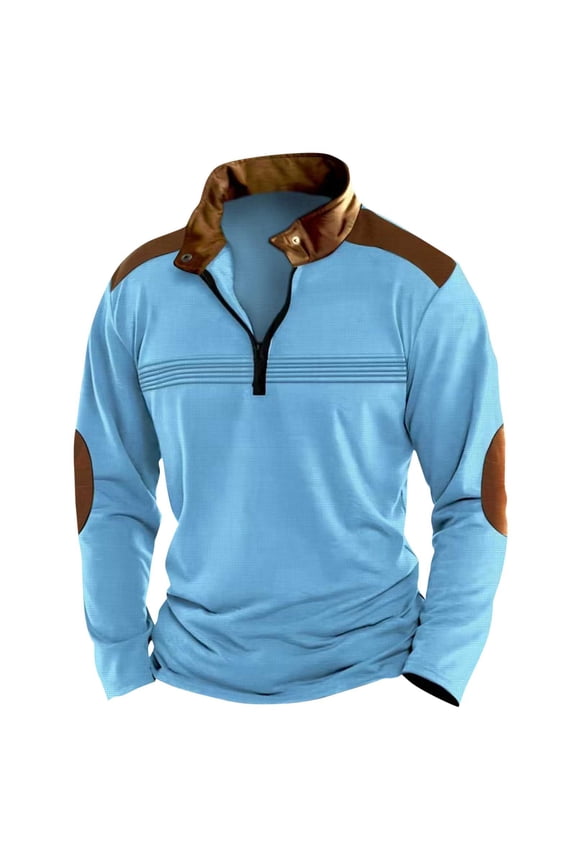 Men's Quarter Zipper Sweatshirts Loose Long Sleeve Stand Up Collar Pullover Tops Fall Winter Thermal Warm Sweatshirts Casual Color Block Tops Sky Blue L