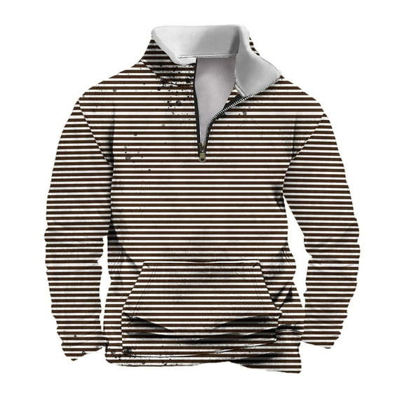 Timoontee Men's Quarter Zipper Sweatshirts Loose Long Sleeve Zebra Striped Print Pullover Tops Fall Winter Thermal Warm Sweatshirts Casual Stand Up Collar Tops Brown M