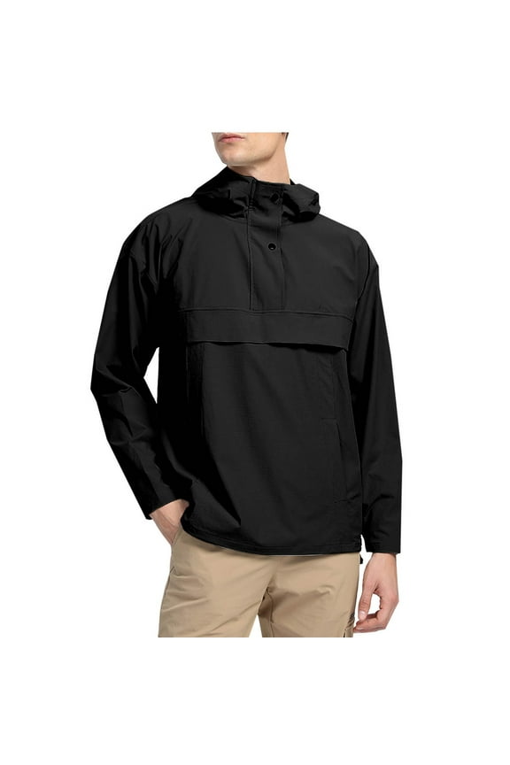 Men's Quick Dry Waterproof Windbreaker Long Sleeve Quarter Button Pullover Hoodies Casual Fall Trendy Solid Pocket Hooded Sweatshirts Black M