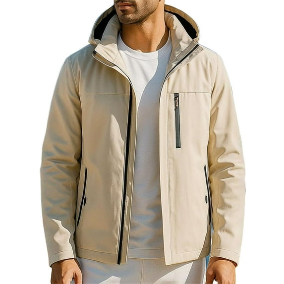 Timoontee Men's Rain Jacket Casual Hooded Windbreaker Outdoor Waterproof Workout Jacket Solid Full Zip Jacket with Zip Pockets Khaki L