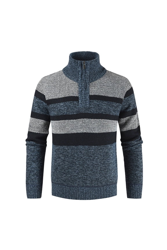 Men's Rib Knit Sweater Color Block Quarter Zip Pullover Sweater Casual Comfy High Collar Sweater Fall Winter Long Sleeve Warm Sweater Light Blue XL