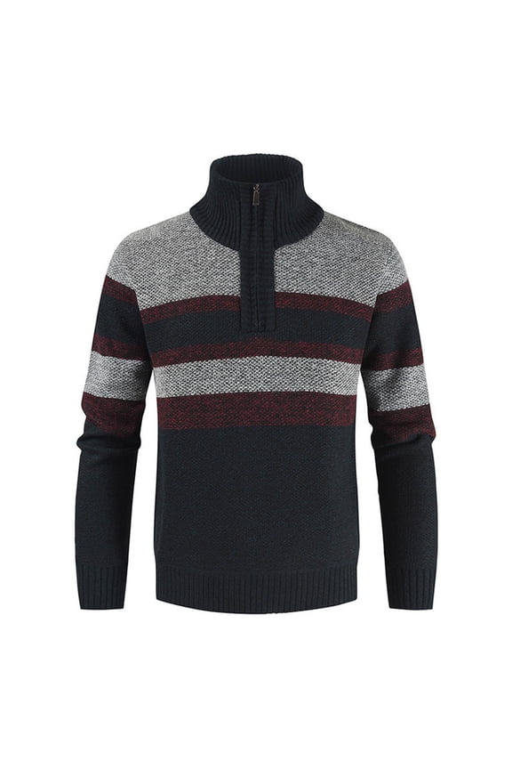 Men's Rib Knit Sweater Color Block Quarter Zip Pullover Sweater Casual Comfy High Collar Sweater Fall Winter Long Sleeve Warm Sweater Navy XL
