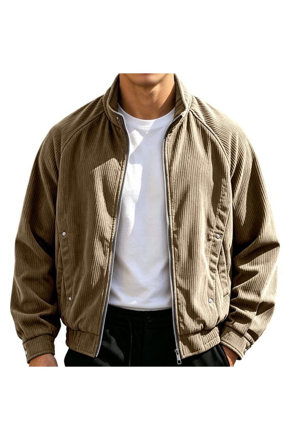 Men's Ribbed Textured Stand Collar Zip Up Jacket Loose Corduroy Casual Outer Coat With Elastic Cuffs For Fall Winter Yellow M