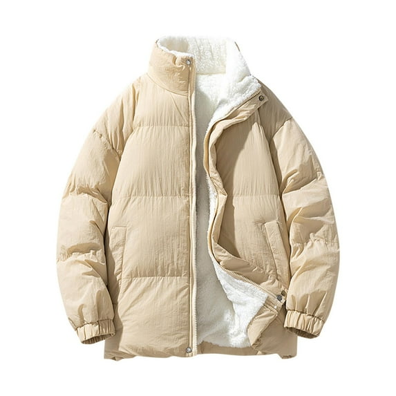 Timoontee Men's Sherpa Lined Coat Warm Thickened Padded Coat Casual Comfy Stand Collar Jacket Coat Solid Zip Up Quilted Outerwear Winter Fleece Coat Khaki XXXL