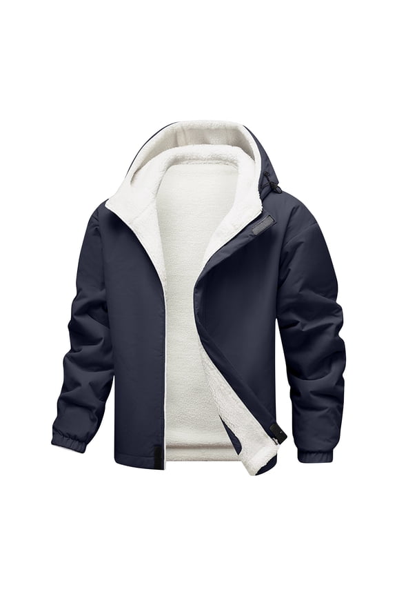 Men's Sherpa Lined Hoodies Fall Winter Thickened Warm Jacket Coat Solid Zip Up Hooded Coats Casual Comfy Fleece Outerwear Coat Dark Blue XXXL