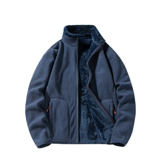 Timoontee Men's Sherpa Lined Jacket Casual Comfy High Neck Jacket Coat Solid Zip Up Outerwear with Zip Pocket Fall Winter Fleece Coats Dark Blue M