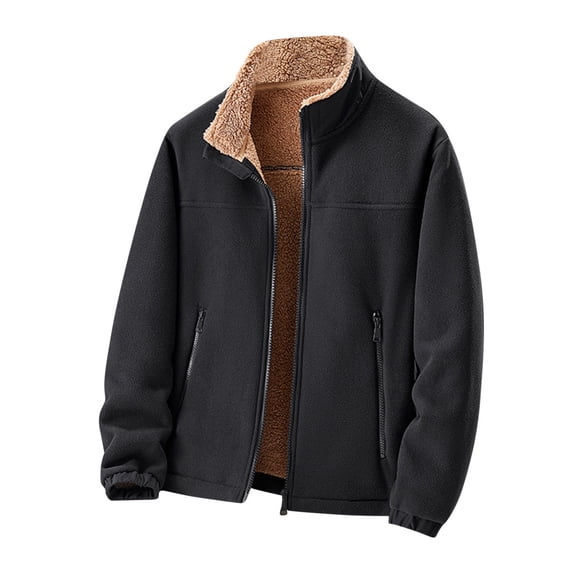 Timoontee Men's Sherpa Lined Jacket Fall Winter Warm Coats Solid Fleece Zipper Jacket Coat Casual Comfy Stand Collar Outerwear Coat with Zip Pocket Black XXL
