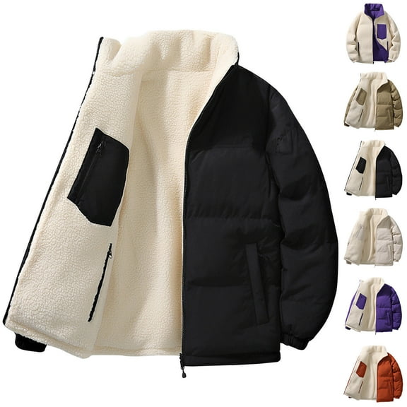 Timoontee Men's Sherpa Lined Jacket Warm Thickened Winter Coat Casual Comfy Stand Collar Fleece Jacket Coat Full Zip Quilted Outerwear Black M