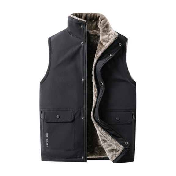 Timoontee Men's Sherpa Lined Vest Casual Comfy Lined Waistcoat Sleeveless Stand Collar Jacket Vest Solid Full Zip Snap Vest Winter Warm Vest Black M