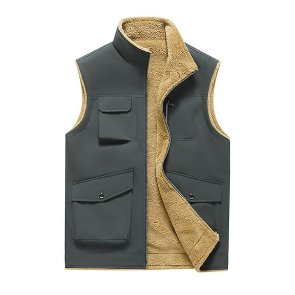 Timoontee Men's Sherpa Lined Vest Casual Workwear Waistcoats Sleeveless Stand Collar Jacket Vest Solid Full Zip Vest Winter Warm Fleece Vest Dark Gray L