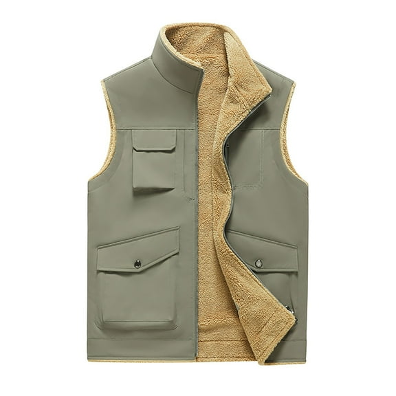 Timoontee Men's Sherpa Lined Vest Casual Workwear Waistcoats Sleeveless Stand Collar Jacket Vest Solid Full Zip Vest Winter Warm Fleece Vest Khaki L