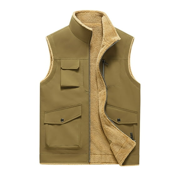 Timoontee Men's Sherpa Lined Vest Casual Workwear Waistcoats Sleeveless Stand Collar Jacket Vest Solid Full Zip Vest Winter Warm Fleece Vest Yellow L
