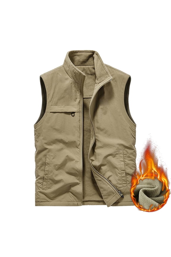 Men's Sherpa Lined Vest Warm Fall Winter Fleece Vest Sleevelees Stand Collar Jacket Vest Casual Zip Up Vest Outdoor Hiking Workwear Vest Khaki XXXXL