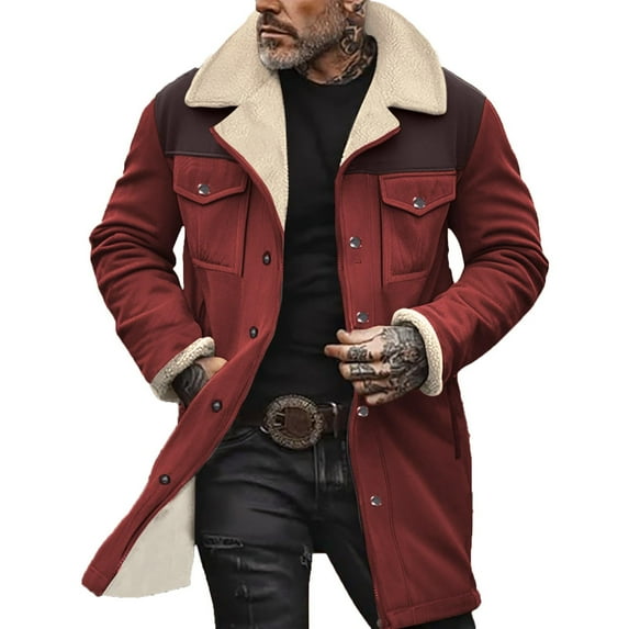 Timoontee Men's Sherpa Long Coats Fleece Lined Overcoat Casual Comfy Lapel Coats Winter Warm Coats Color Block Snap Outerwear with Zip Pockets Wine L