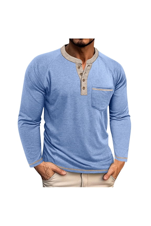 Men's Shirts Fall Loose Fit Casual Long Sleeve Crew Neck Pullover Shirts Lightweight Color Block Half-Button Shirts with Pocket Blue S