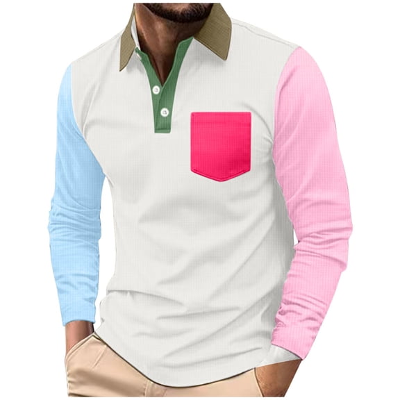 Timoontee Men's Shirts Long Sleeve Lapel Fall and Winters Classic Shirts Lightweight Loose Fit Button Casual Color Block T-Shirts with Pocket White XL
