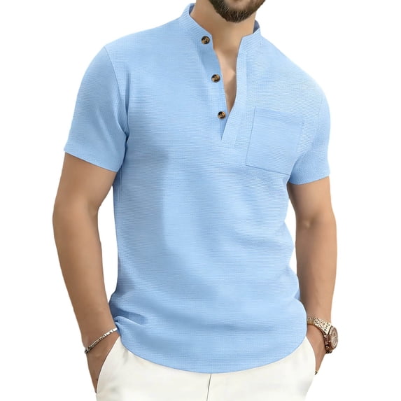 Timoontee Men's Short Sleeve T-Shirt Stand Collar Solid Color Casual Lightweight All Season Easy Care Everyday Wear Blue M