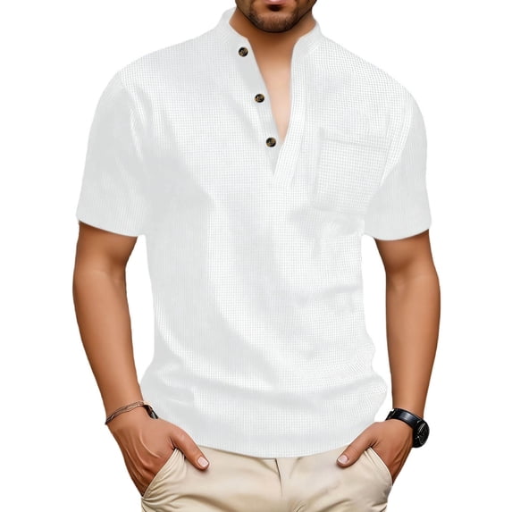 Timoontee Men's Short Sleeve T-Shirt Stand Collar Solid Color Casual Lightweight All Season Easy Care Everyday Wear White S
