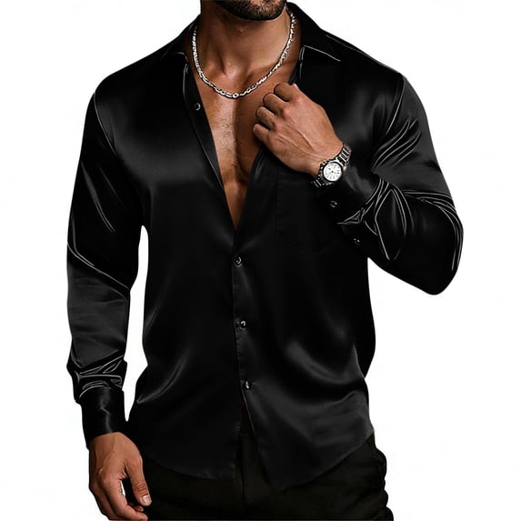 Timoontee Men's Silk Satin Dress Shirts Casual Button Down Shirt Solid Long Sleeve Lapel Shirts Fashion Party Prom Shirts Black XXL