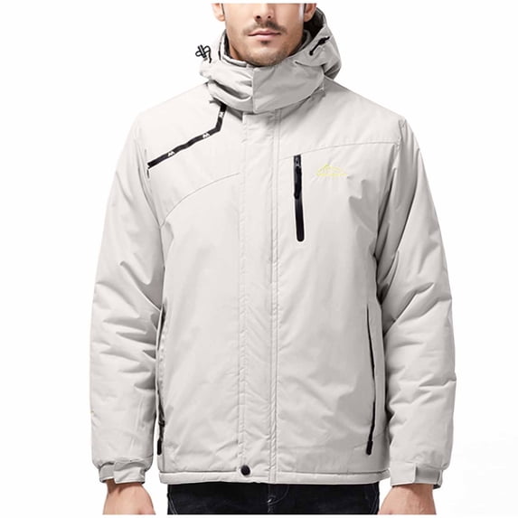 Timoontee Men's Skiing Jackets Warm Thickened Padded Coat Casual Comfy Waterproof Puffer Coats Solid Zip Up Outerwear Windproof Winter Rain Coat with Multi Pockets White XL