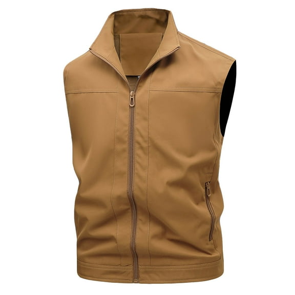 Timoontee Men's Sleeveless Jacket Vest Fall Casual Zip Up Waistcoat Outdoor Hiking Workout Fishing Travel Photo Workwear Vest with Zip Pocket Brown L