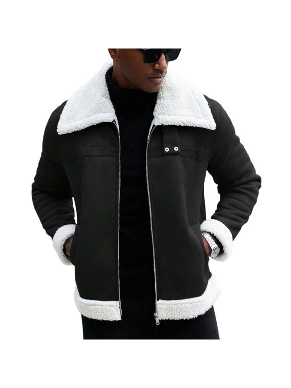 Men's Solid Color Leather Jacket With A Leather Chain And Thick Workwear Jacket Black XXL