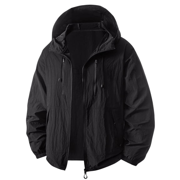 Timoontee Men's Solid Color Outdoor Sunscreen Climb Sport Run Pocket Zipper Long Sleeved Hooded Black L