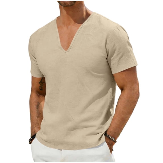 Timoontee Men's Solid Color Short Sleeved Deep V Linen Casual Fashion T-shirt Top Yellow XL