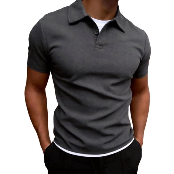 Timoontee Men's Solid Color Short Sleeved Lapel Casual Fashion Top Fake Two-piece T-shirt Gray L