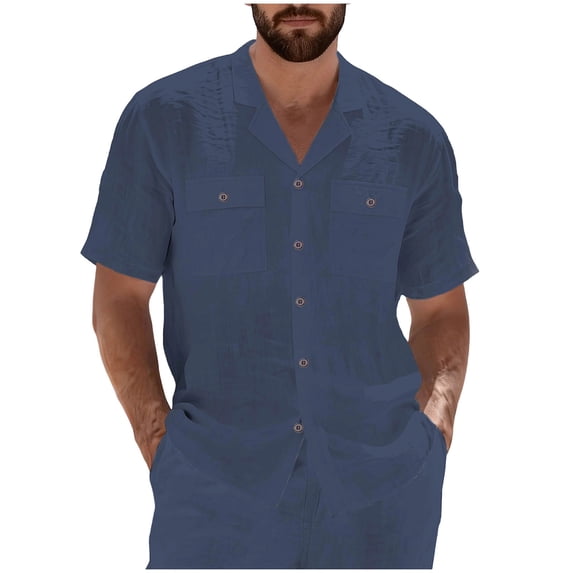 Timoontee Men's Solid Color Short-sleeved Lapel Button-up Cardigan With Multiple Pockets Shirt Top Blue M