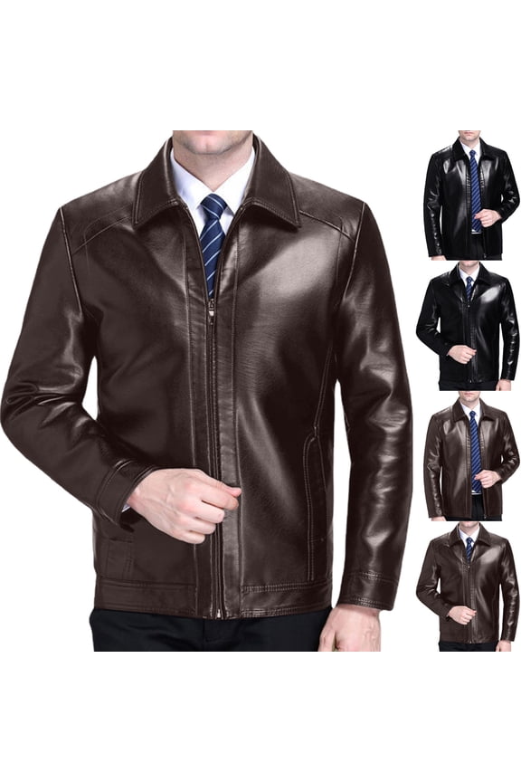 Men's Solid Color Stand-up Collar Leather Jacket With Snap Buttons On The Outer Pockets And Cuffs Brown XS