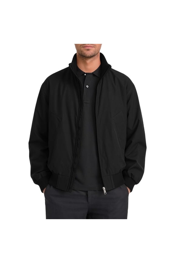 Men's Solid Color Zippered Stand-up Collar Jacket Elastic Cuffs Pockets Black S