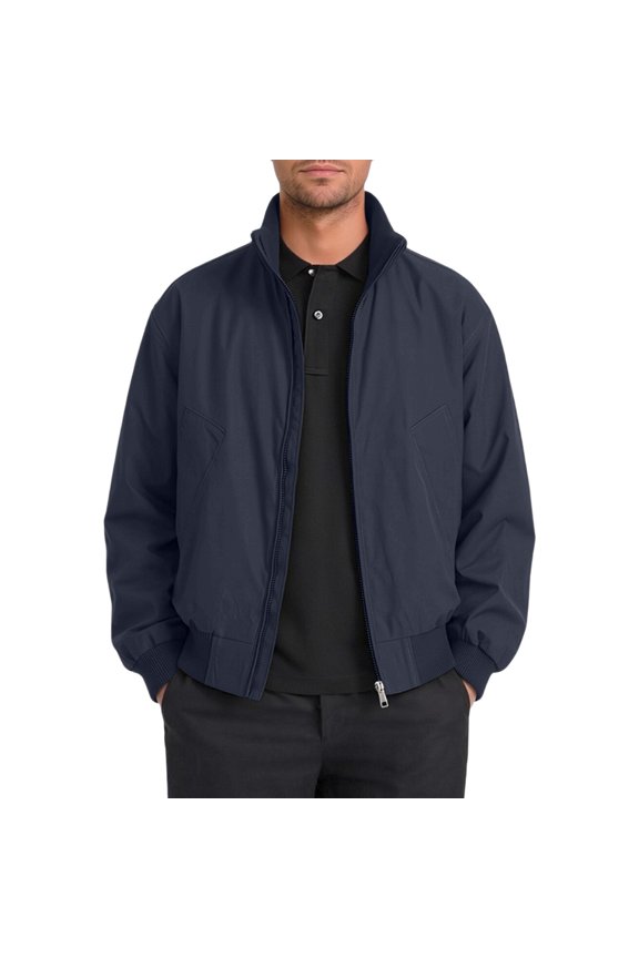Men's Solid Color Zippered Stand-up Collar Jacket Elastic Cuffs Pockets Blue S