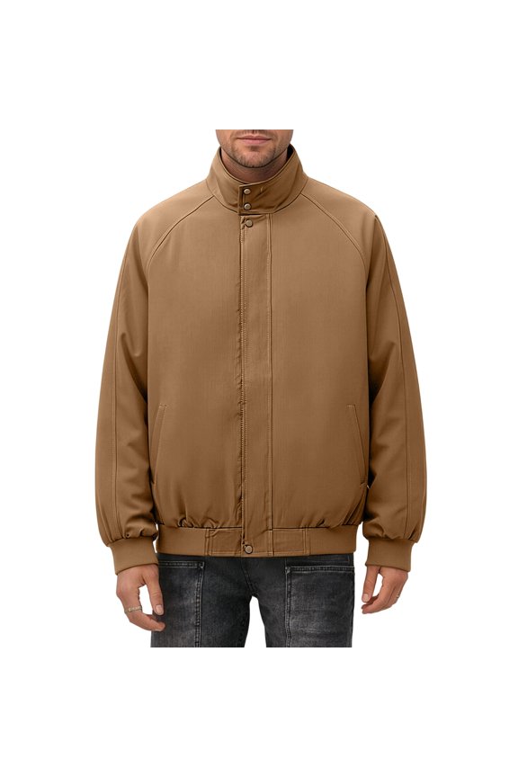 Men's Solid Color Zippered Stand-up Collar Jacket Elastic Cuffs Pockets Brown M