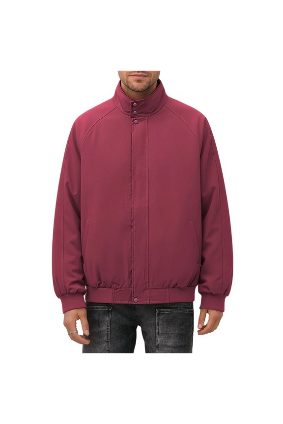 Men's Solid Color Zippered Stand-up Collar Jacket Elastic Cuffs Pockets Red S