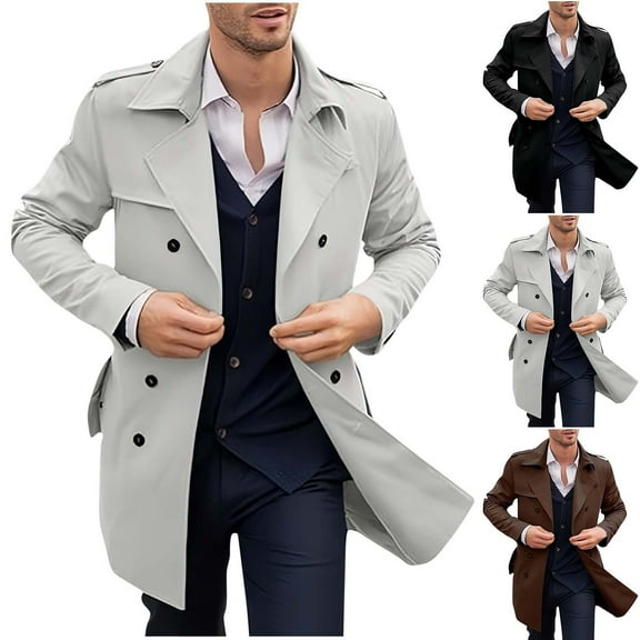 Timoontee Men's Solid Double Breasted Trentch Coat Long Sleeve Notched Collar Jacket Coat Daily Casual Outwear Fall Winter Windproof Overcoat Khaki S