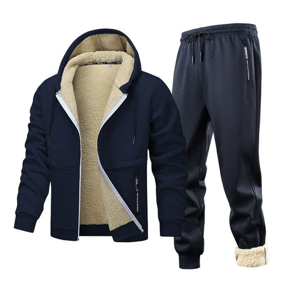 Timoontee Men's Solid Sweatshirts Sets Casual Comfy Fleece Lined Warm Sets Long Sleeve Zip Up Hoodies with Drawstring Sweatpants Fall Winter Outfits Navy XL
