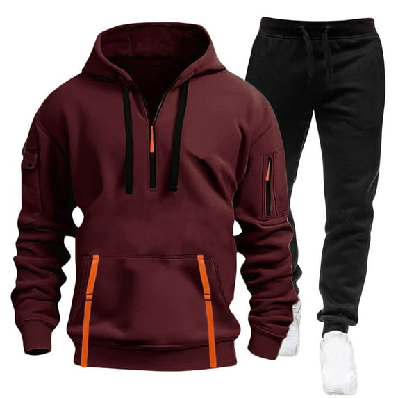 Timoontee Men's Solid Sweatsuits Casual Long Sleeve Quarter Zip Workwear Hoodies Hiking Workout Pullover Sweatshirts Elastic Waist Drawstring Jogging Pants 2 Piece Outfit Wine XL