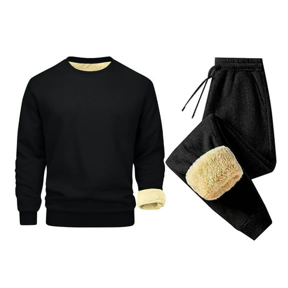 Timoontee Men's Solid Sweatsuits Long Sleeve Crewneck Pullover Sweatshirts Casual Comfy Tops with Drawstring Long Pants Fleece Lined Warm 2 Piece Outfit Black M