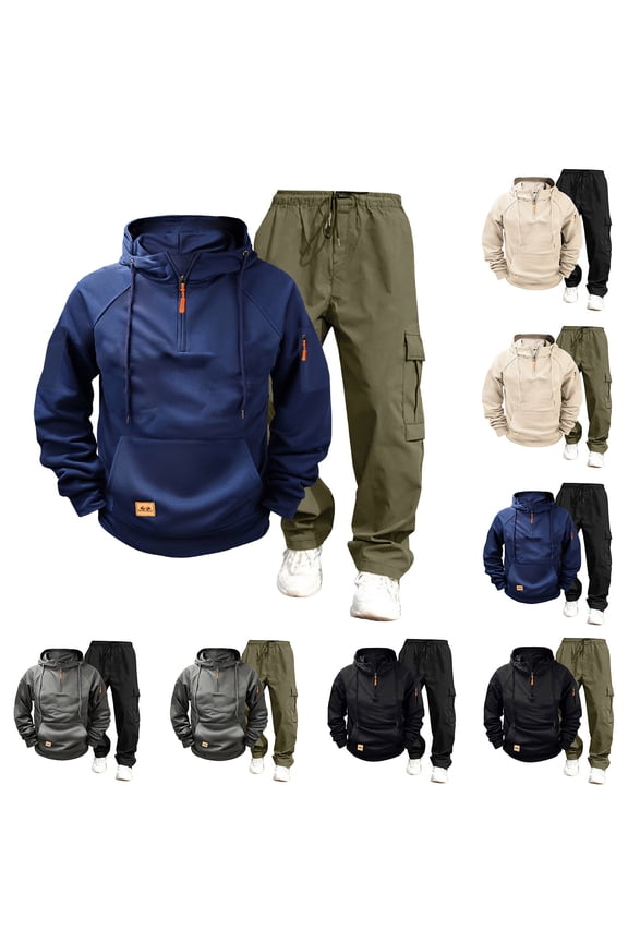Men's Solid Track Suits Sports Suits Long Sleeve Hoodies Quarter Zip Pullover Sweatshirts with Drawstring Jogging Pants Loose Casual Outfits 2 Piece Set Army Green XL