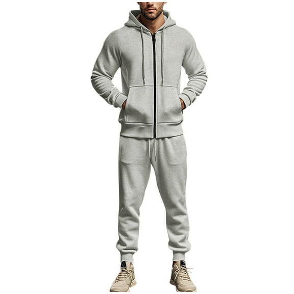 Timoontee Men's Solid Tracksuit 2 Piece Set Full Zip Sweatshirts Casual Comfy Long Sleeve Hoodies With Drawstring Sweatpants for Outdoor Hiking Jogging Workout Gray XL