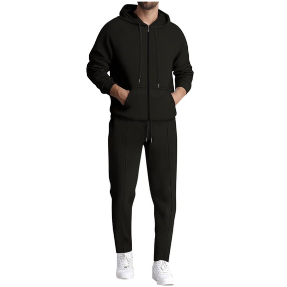 Timoontee Men's Solid Tracksuit 2 Piece Set Long Sleeve Hoodies Full Zip Sweatshirts and Drawstring Sweatpants Loose Fit Waffle Textured Casual Outfit Black M