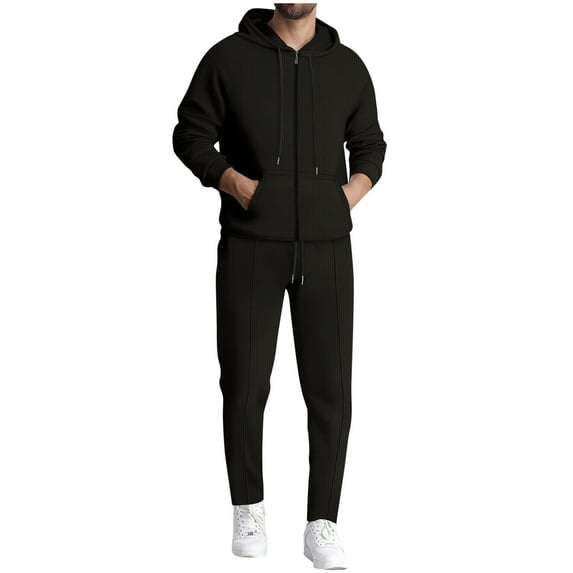 Timoontee Men's Solid Tracksuit 2 Piece Set Long Sleeve Hoodies Full Zip Sweatshirts and Drawstring Sweatpants Loose Fit Waffle Textured Casual Outfit Black S