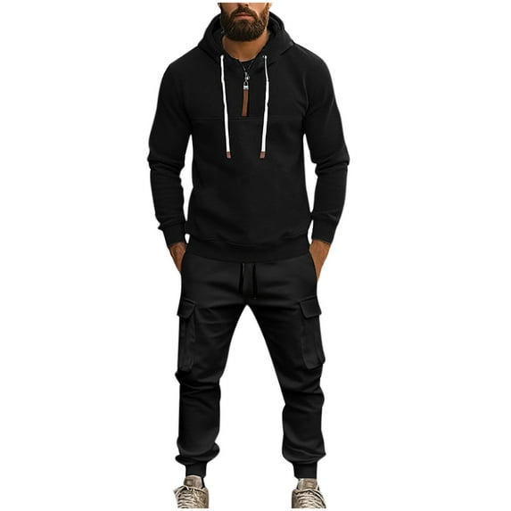 Timoontee Men's Solid Tracksuit 2 Piece Set Long Sleeve Hoodies Quarter Zip Pullover Sweatshirts with Drawstring Elastic Waist Long Pants Fall Winter Casual Outfit Black M