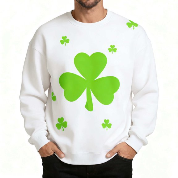 Timoontee Men's St Patrick's Day Sweatshirts Long Sleeve Crewneck Pullover Top Lucky Charm Shamrock Irish Sweatshirt St.Patrick's Green Tops Retro Style Shirt White S