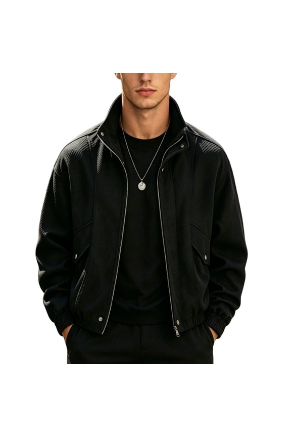 Men's Stand Collar Full Zip Jacket For Fall Winter Loose Long Sleeve Coat With Flap Pockets Elastic Cuffs Black M
